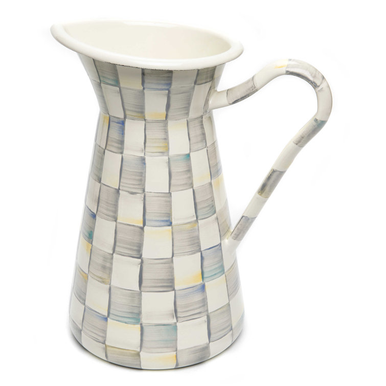 Large Hand-Painted Sterling Check Enamel Pitcher