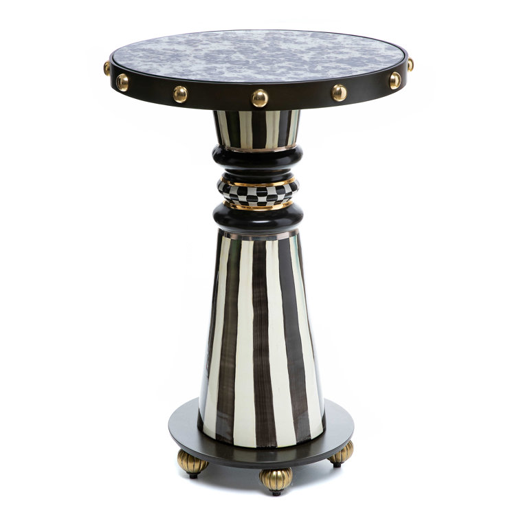 Round Black and White Mirrored Glass Accent Table