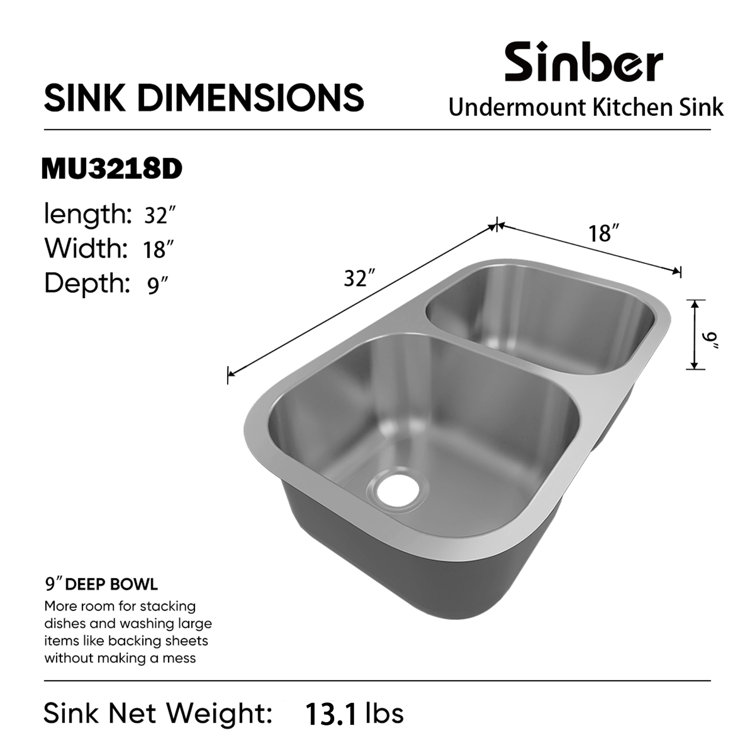 Sinber 32'' x 18'' Stainless Steel Double Bowl Undermount Kitchen Sink