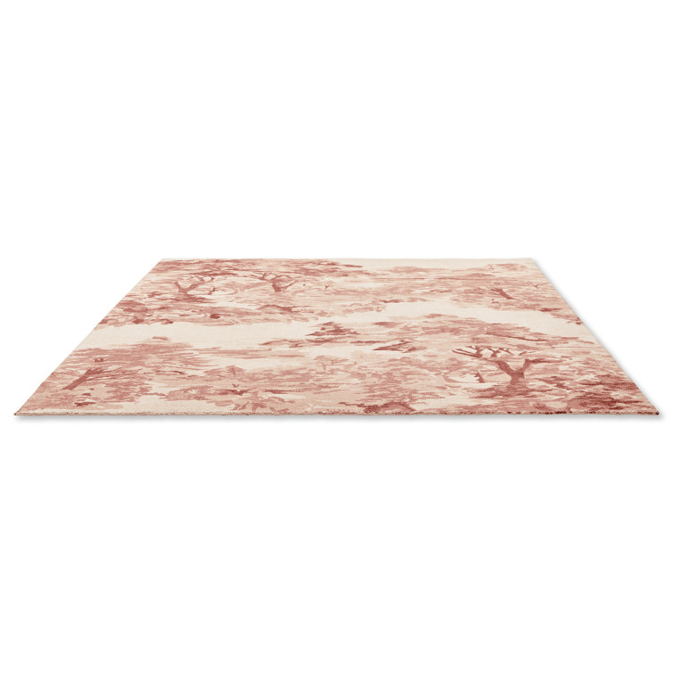 Handmade Light Pink Floral Wool and Cotton Rectangular Rug