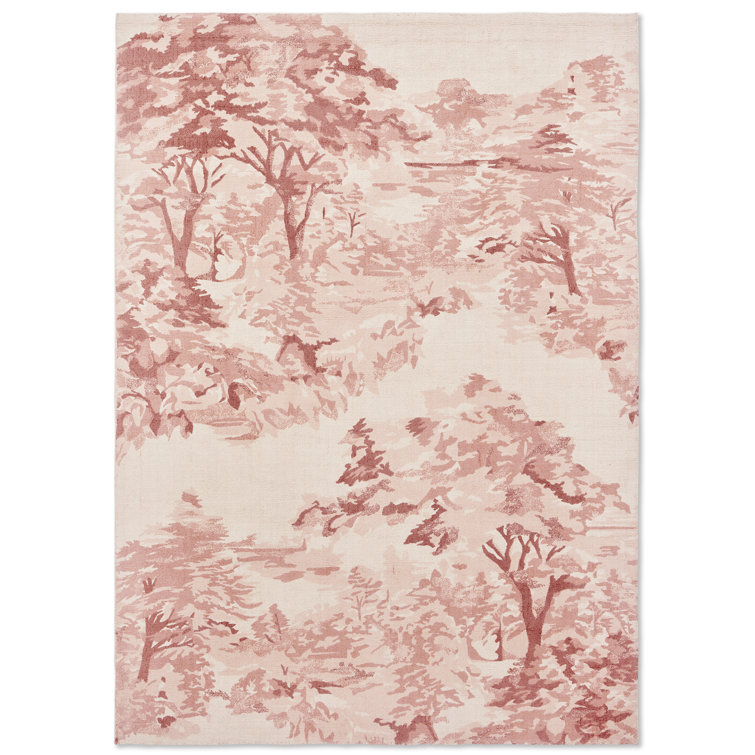 Handmade Light Pink Floral Wool and Cotton Rectangular Rug