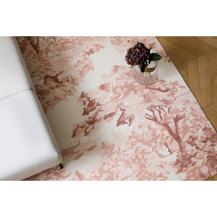 Handmade Light Pink Floral Wool and Cotton Rectangular Rug
