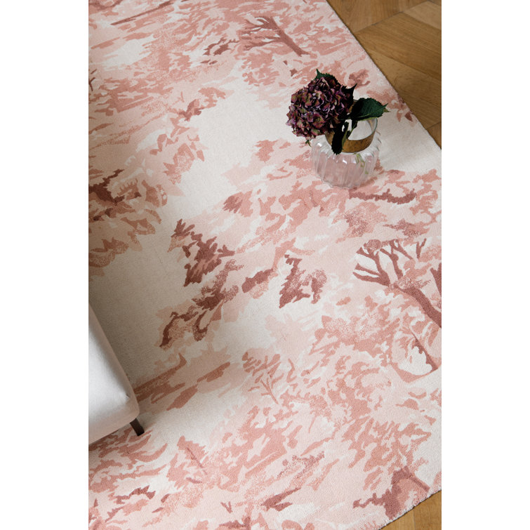 Handmade Light Pink Floral Wool and Cotton Rectangular Rug