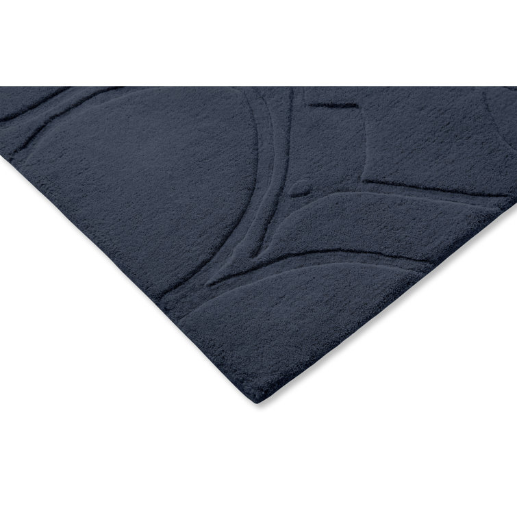 Handmade Dark Blue Wool Floral Rectangular Rug
