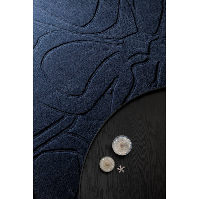 Handmade Dark Blue Wool Floral Rectangular Rug