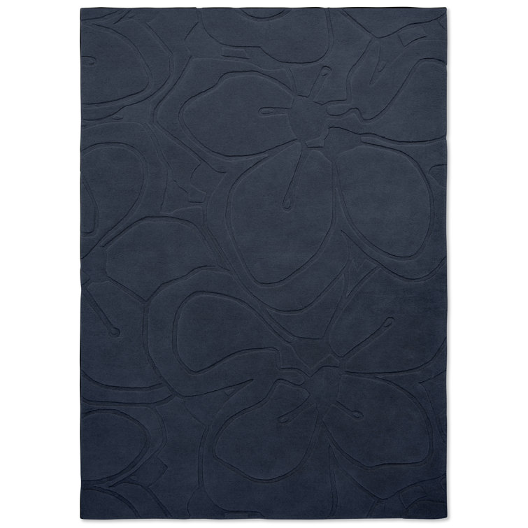 Handmade Dark Blue Wool Floral Rectangular Rug