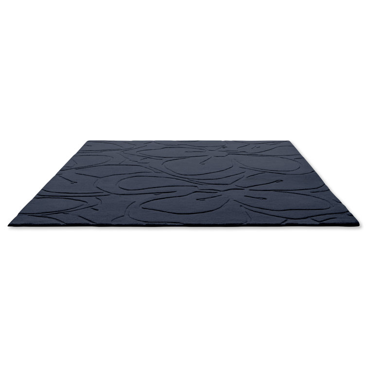 Handmade Dark Blue Wool Floral Rectangular Rug