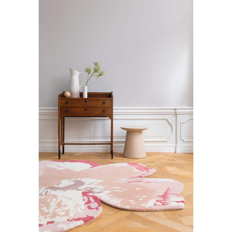 Handmade Pink and Beige Wool Floral Rug