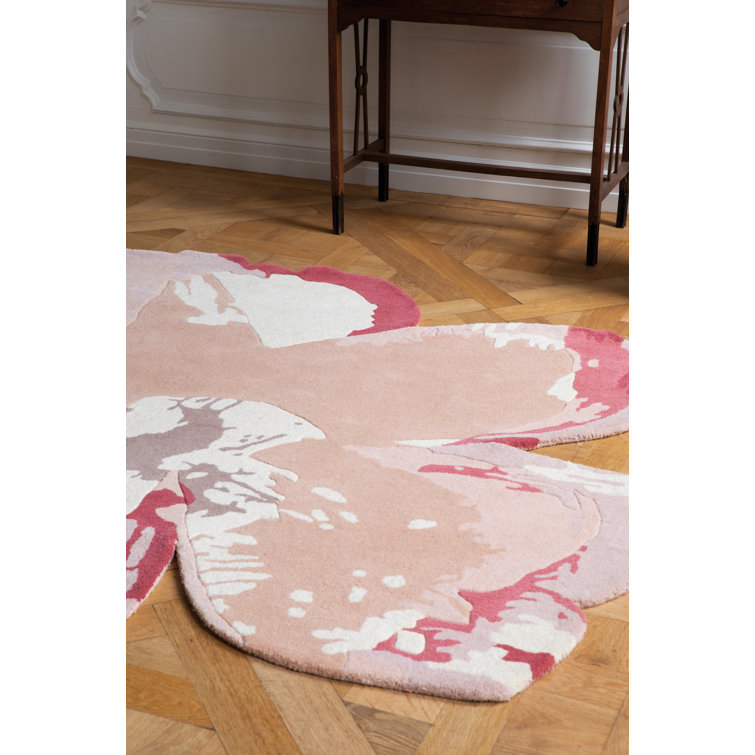 Handmade Pink and Beige Wool Floral Rug