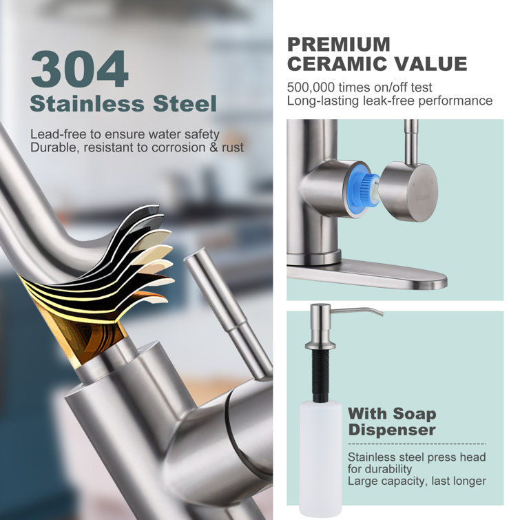 Brushed Nickel Pull-Down Kitchen Faucet with Soap Dispenser