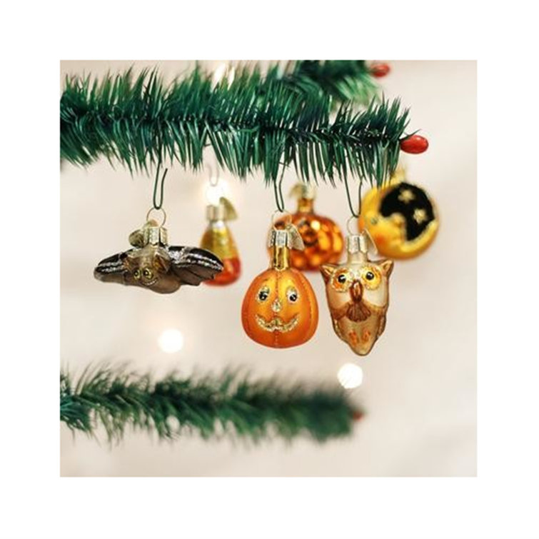 Miniature Halloween Glass Ornament Set with Pumpkin and Owl
