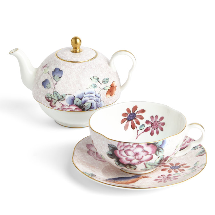 Floral Multicolor Bone China Teapot and Teacup Set