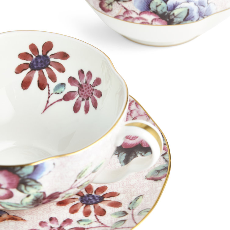 Floral Multicolor Bone China Teapot and Teacup Set