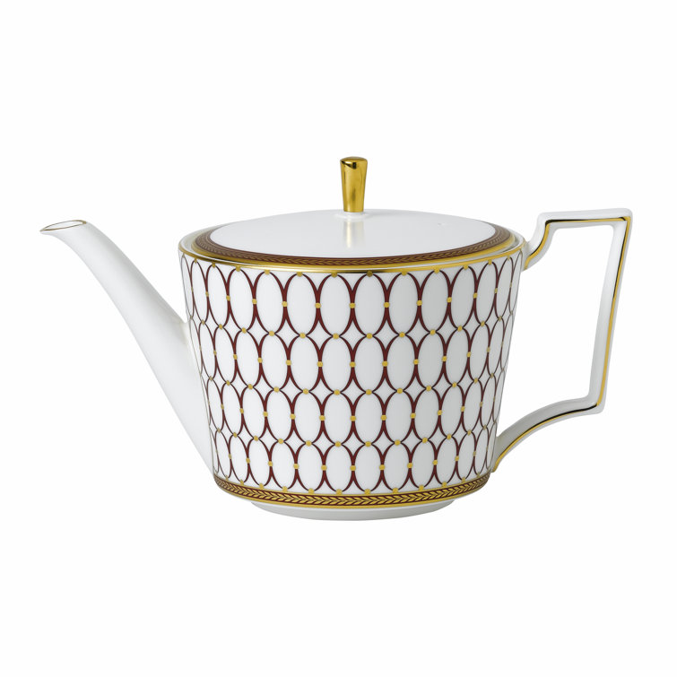 Geometric Maroon and Gold Porcelain Teapot