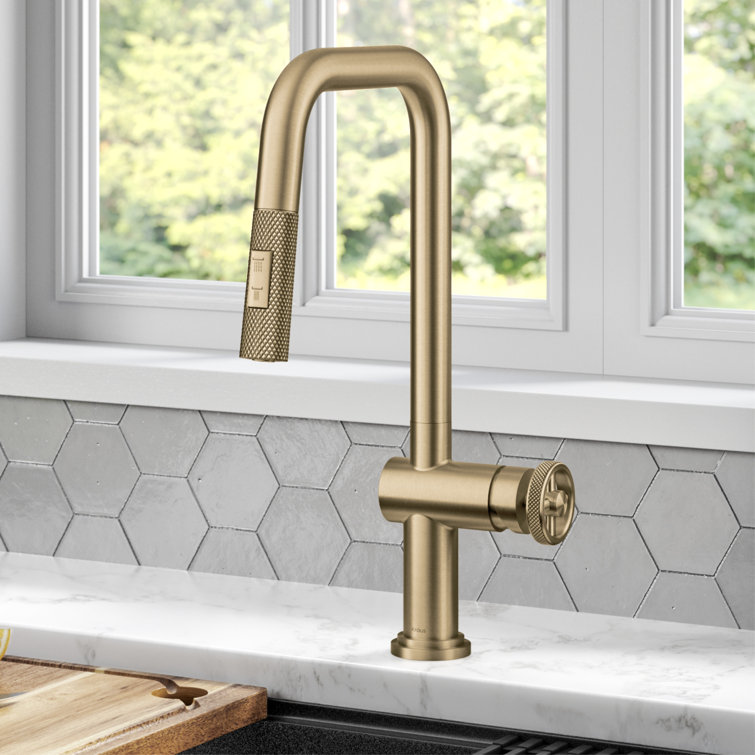 Brushed Gold Industrial Pull-Down Kitchen Faucet with Spray