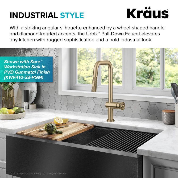 Brushed Gold Industrial Pull-Down Kitchen Faucet with Spray