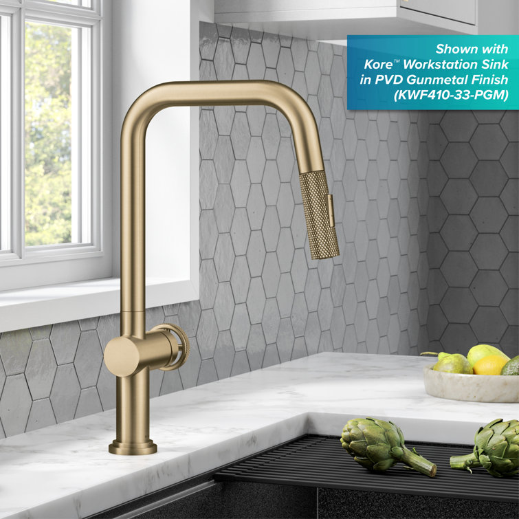 Brushed Gold Industrial Pull-Down Kitchen Faucet with Spray