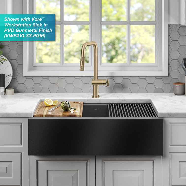 Brushed Gold Industrial Pull-Down Kitchen Faucet with Spray