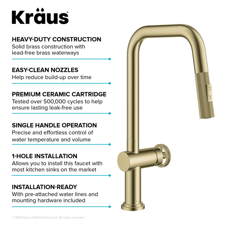 Brushed Gold Industrial Pull-Down Kitchen Faucet with Spray