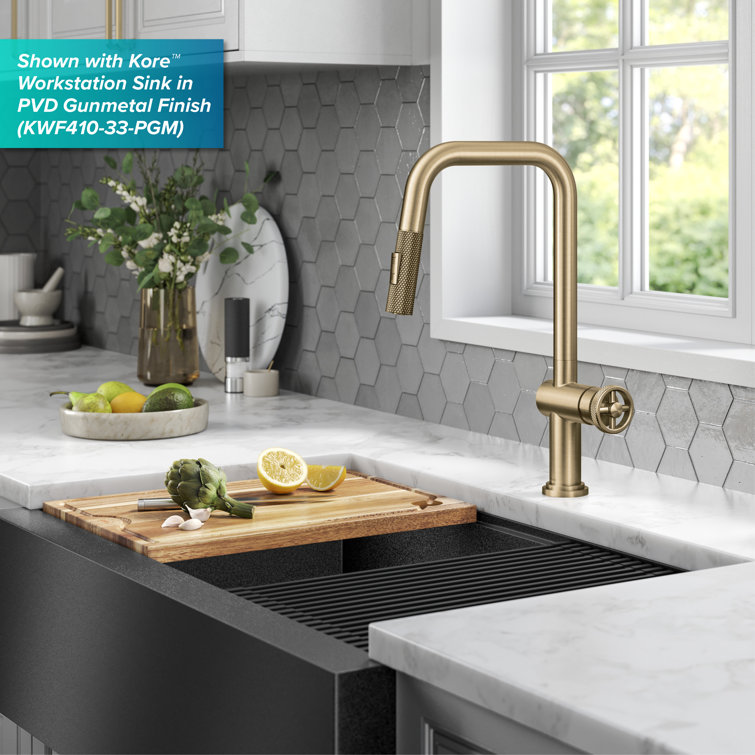 Brushed Gold Industrial Pull-Down Kitchen Faucet with Spray