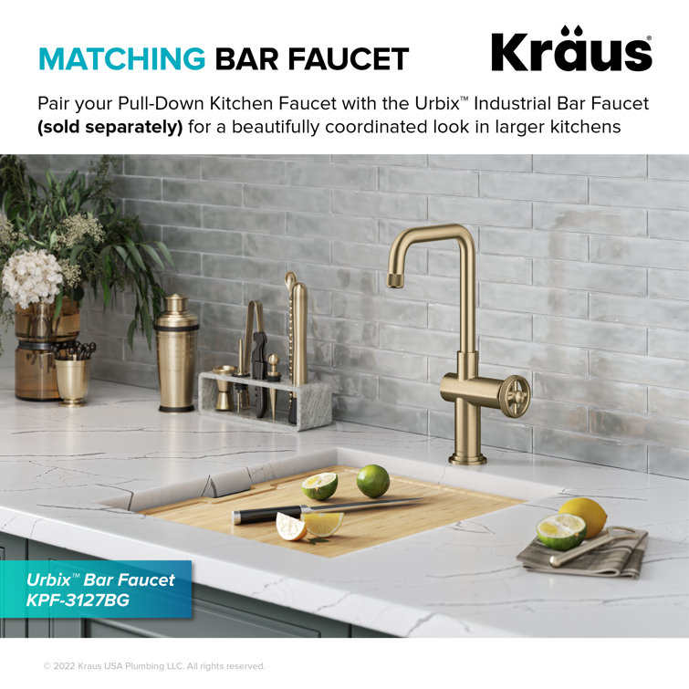 Brushed Gold Industrial Pull-Down Kitchen Faucet with Spray