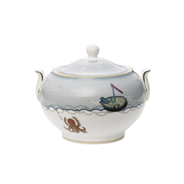 Multicolor Coastal Fine Bone China Sugar Bowl with Gold Rim