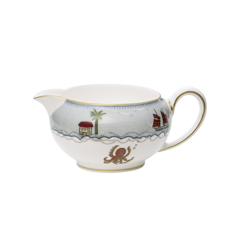 Colorful Coastal Porcelain Creamer with Gold Rim, 10.1 oz