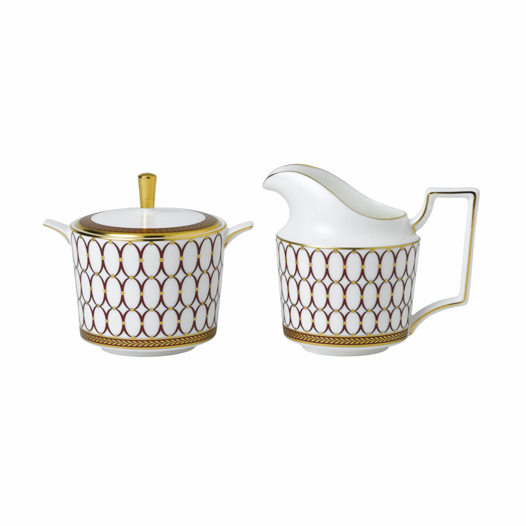 Renaissance Red Geometric Sugar and Creamer Set with Gold Accents