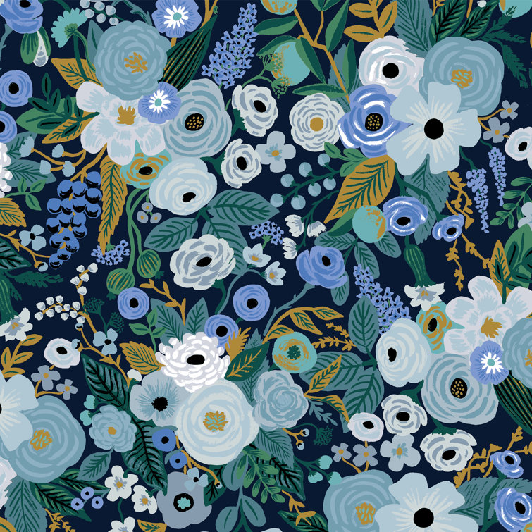 Blue Floral Linen Upholstered Office Chair with Black Base