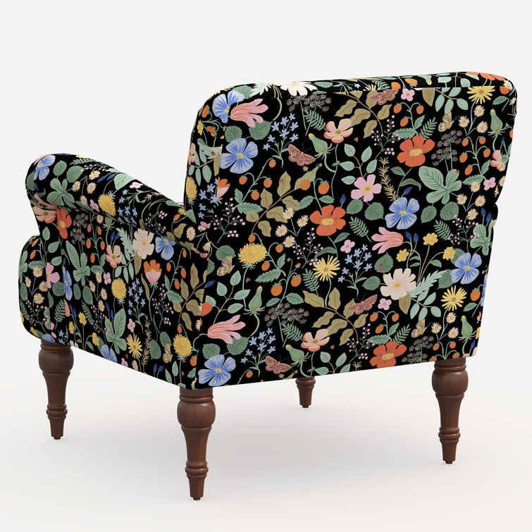 Black Floral Linen Blend Armchair with Solid Wood Legs