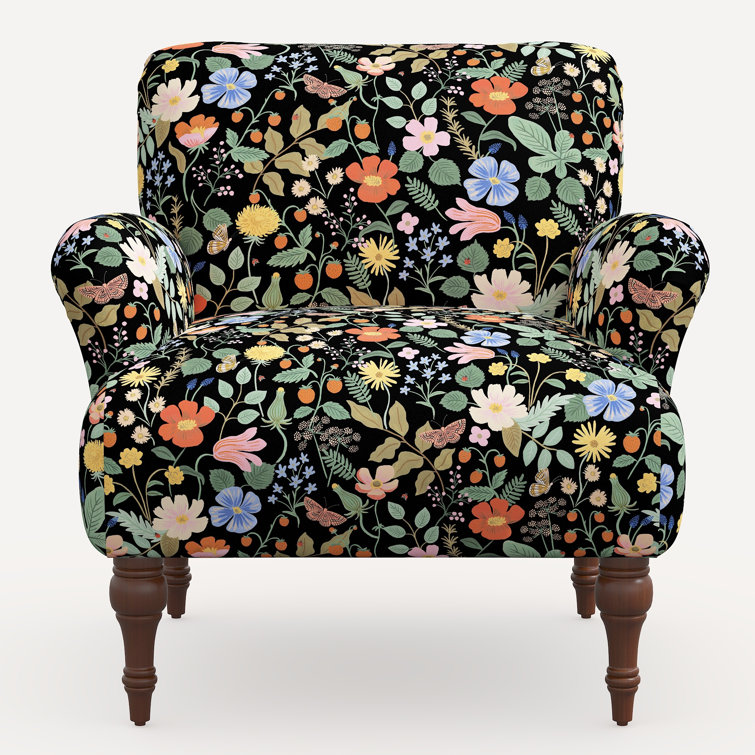 Black Floral Linen Blend Armchair with Solid Wood Legs