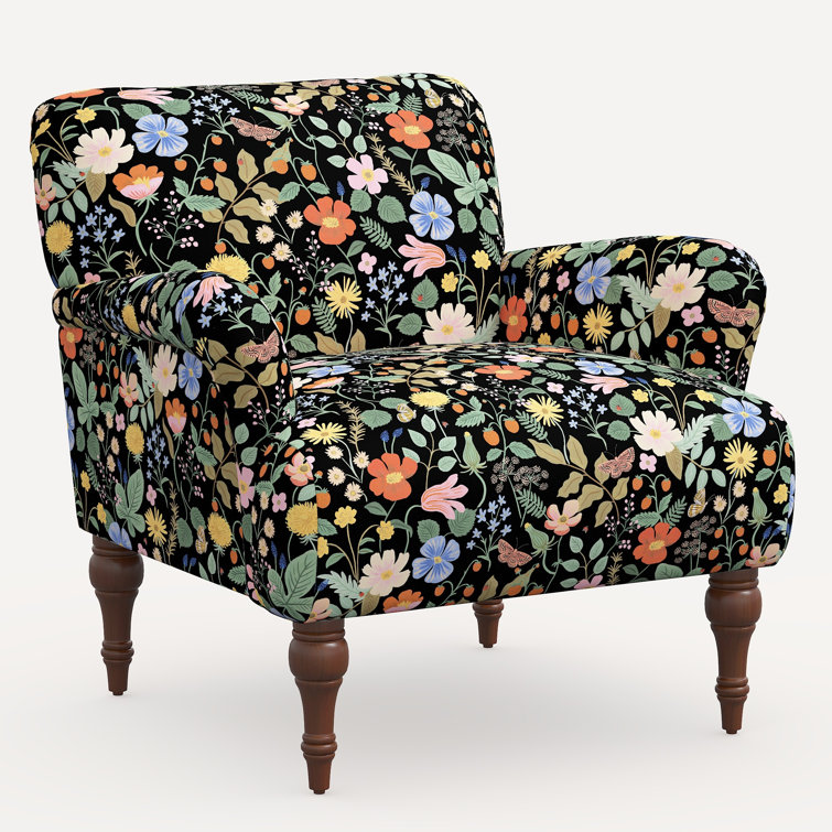 Black Floral Linen Blend Armchair with Solid Wood Legs