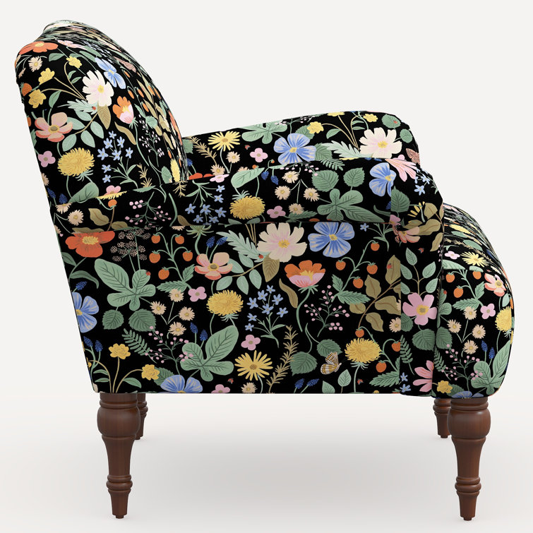 Black Floral Linen Blend Armchair with Solid Wood Legs