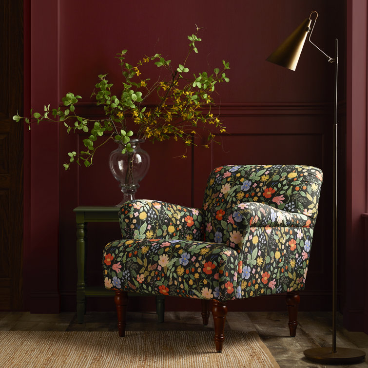 Black Floral Linen Blend Armchair with Solid Wood Legs