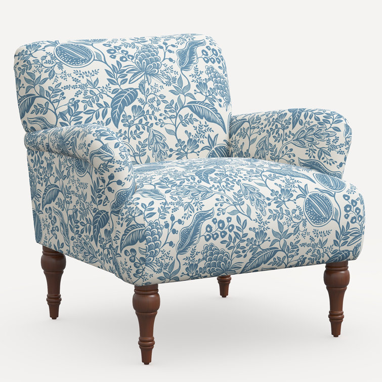Peacock Blue Pomegranate Linen Blend Rolled Arm Accent Chair