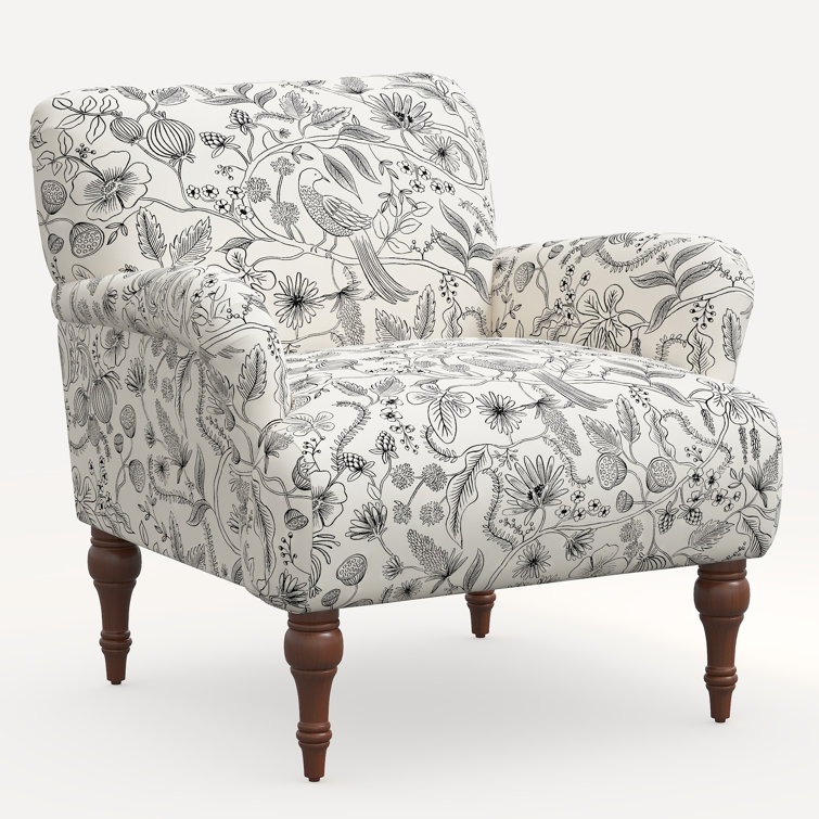 Black and White Floral Linen Blend Accent Armchair