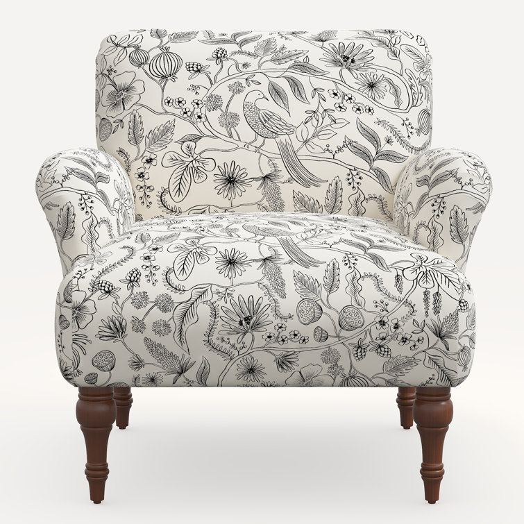 Black and White Floral Linen Blend Accent Armchair