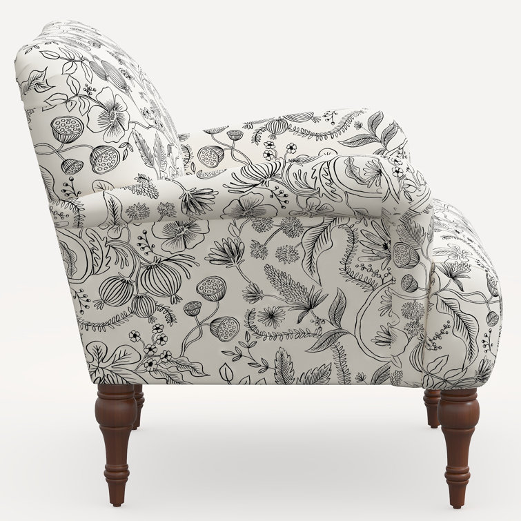 Black and White Floral Linen Blend Accent Armchair