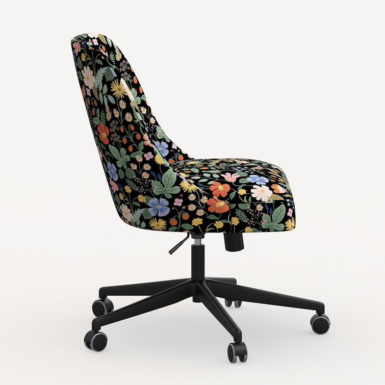 Black Floral Upholstered Office Chair with Solid Wood Frame