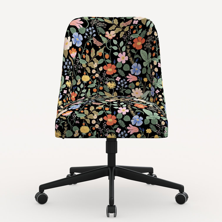 Black Floral Upholstered Office Chair with Solid Wood Frame