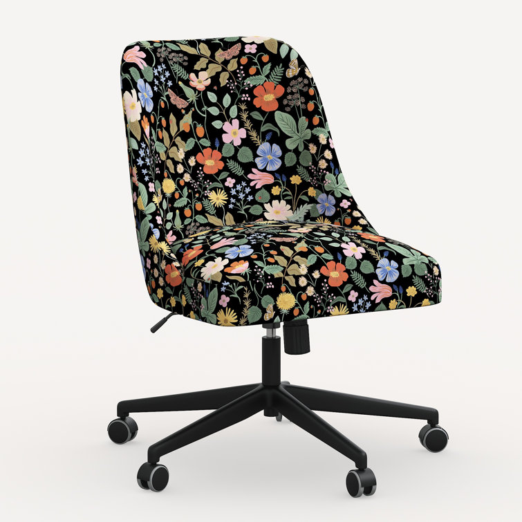 Black Floral Upholstered Office Chair with Solid Wood Frame