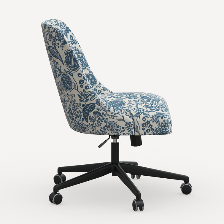 Blue Floral Upholstered Office Chair with Black Wood Frame
