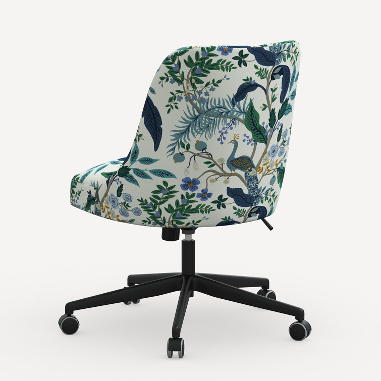 Peacock Blue and White Linen Upholstered Office Chair