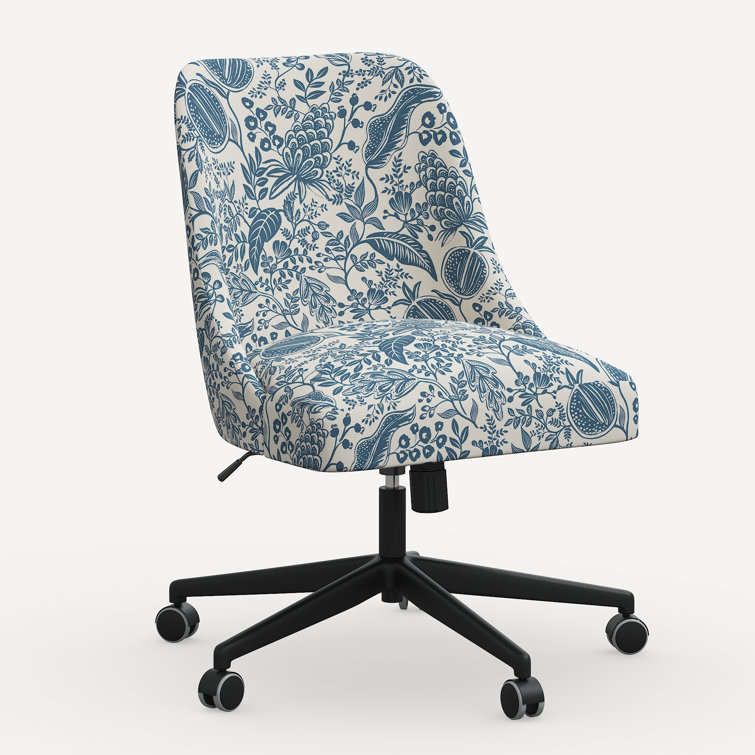 Blue Floral Upholstered Office Chair with Black Wood Frame