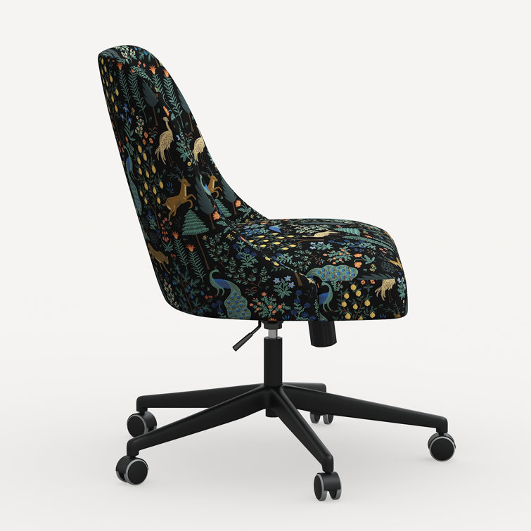 Black Linen Upholstered Office Chair with Floral Print