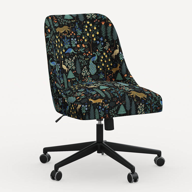 Black Linen Upholstered Office Chair with Floral Print