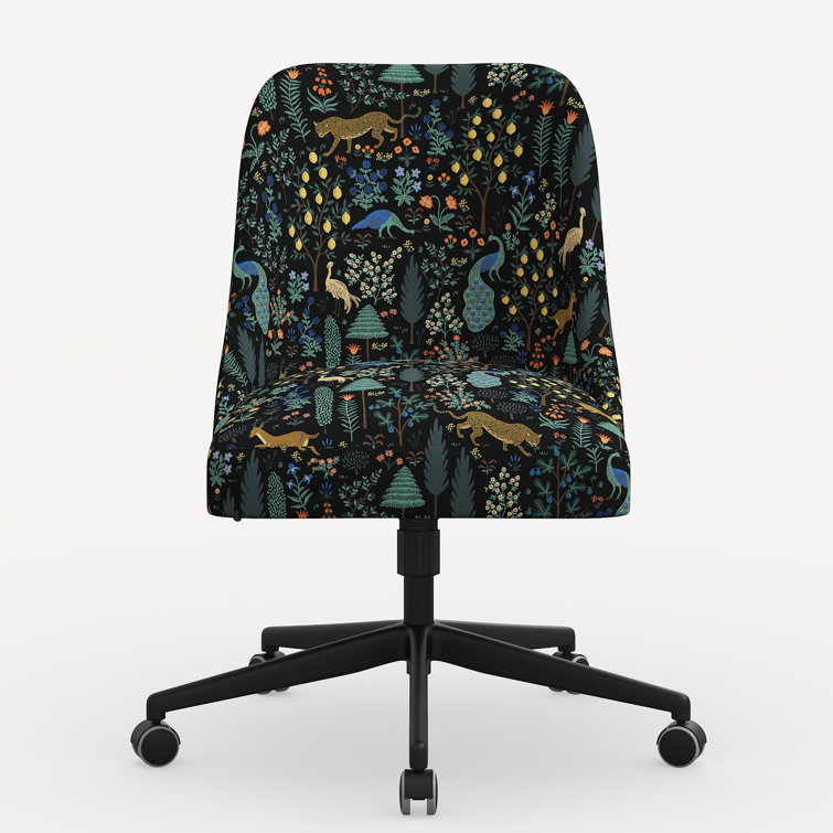 Black Linen Upholstered Office Chair with Floral Print