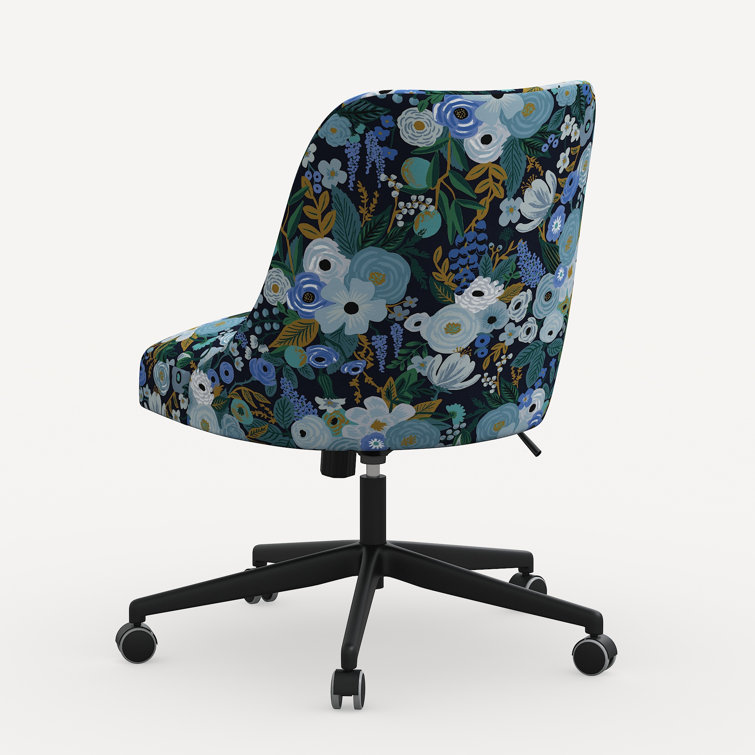 Blue Floral Linen Upholstered Office Chair with Black Base