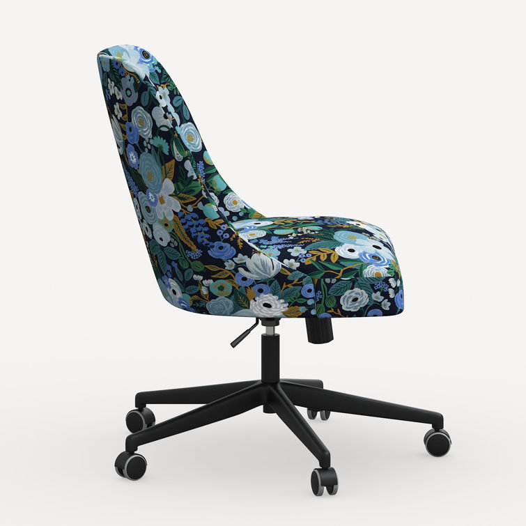 Blue Floral Linen Upholstered Office Chair with Black Base