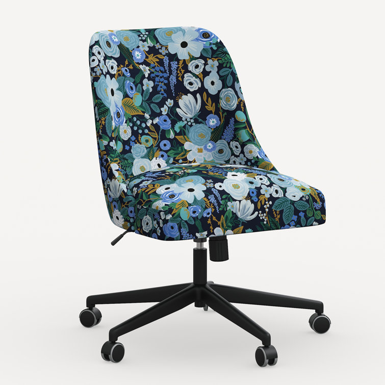 Blue Floral Linen Upholstered Office Chair with Black Base